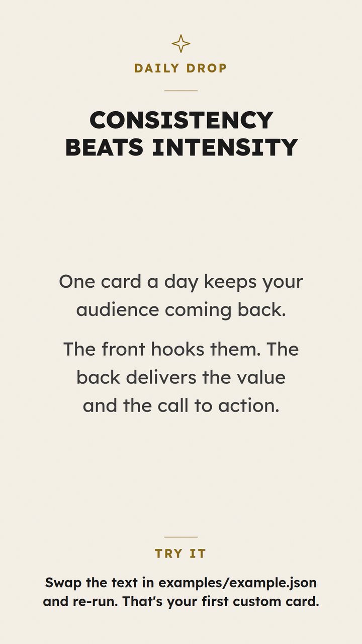 The back of the same example card, with a short message and a call to action