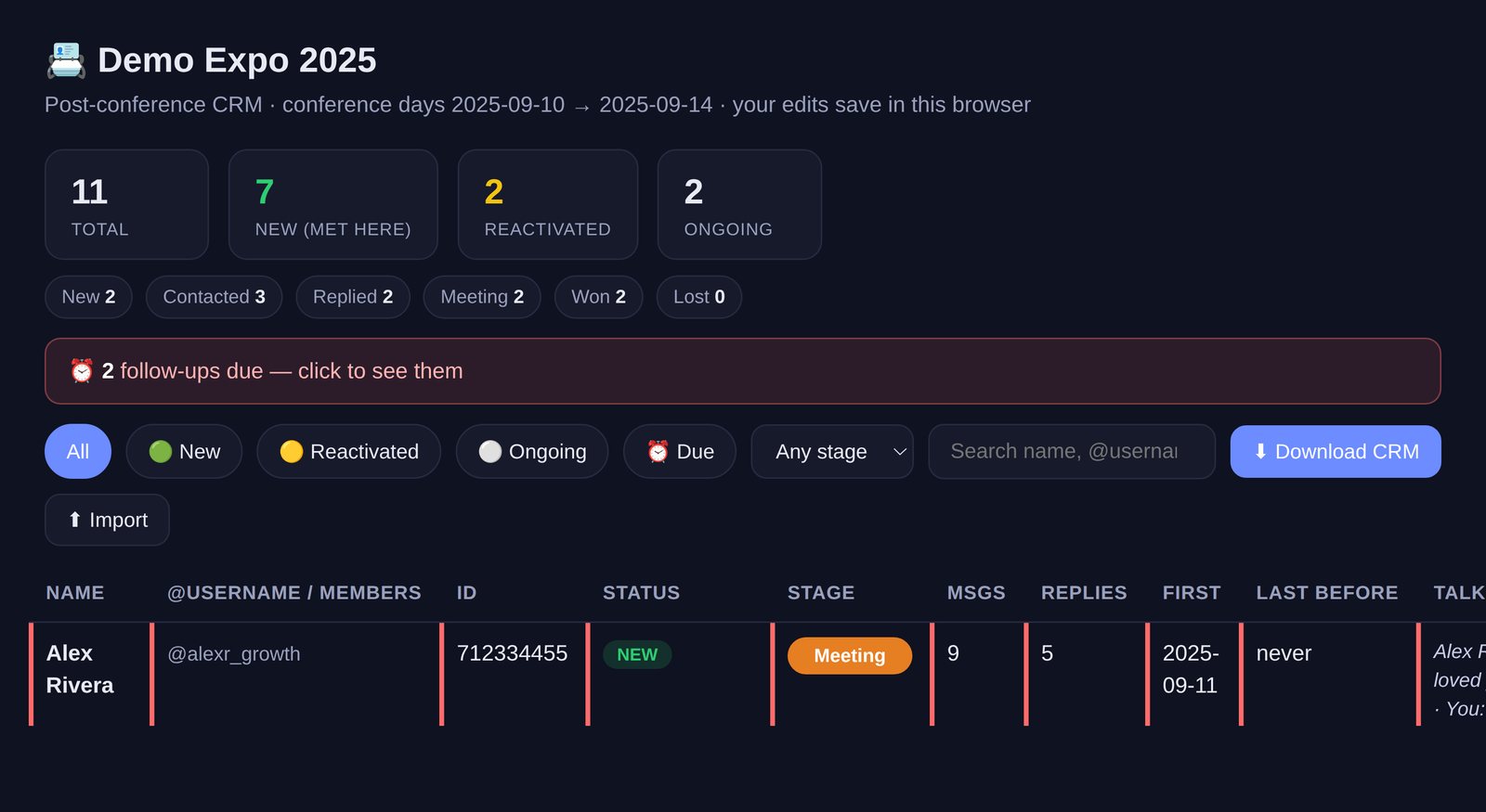 The pipeline view after a sample expo: stage counts, a banner of follow-ups due and filters, with demo data