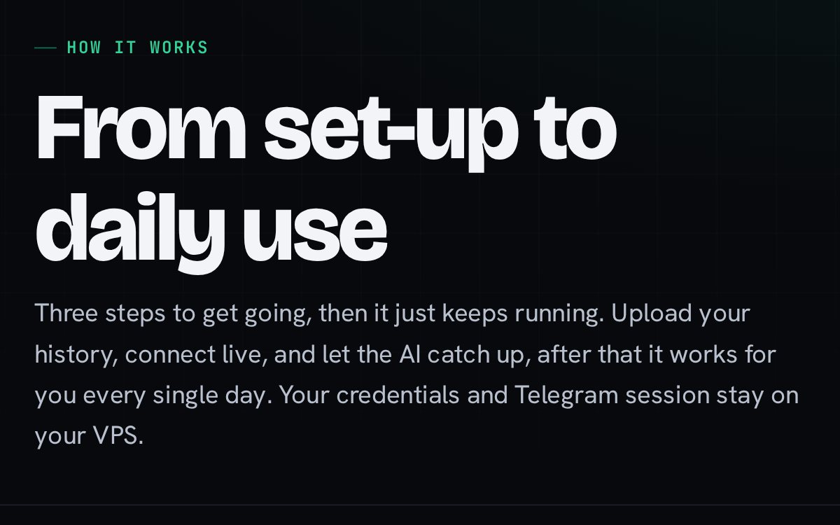 The How it works page on crgram.com: three steps from set-up to daily use, with the Telegram session kept on your own server
