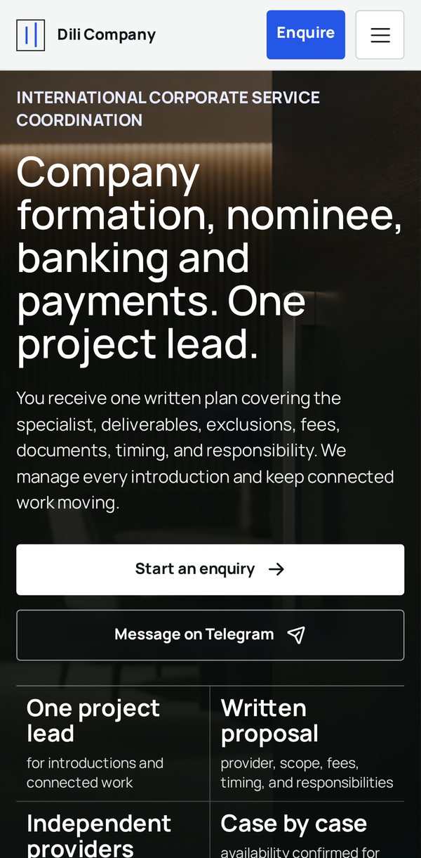 The dilicompany.com home page on a phone, with the menu folded into a button