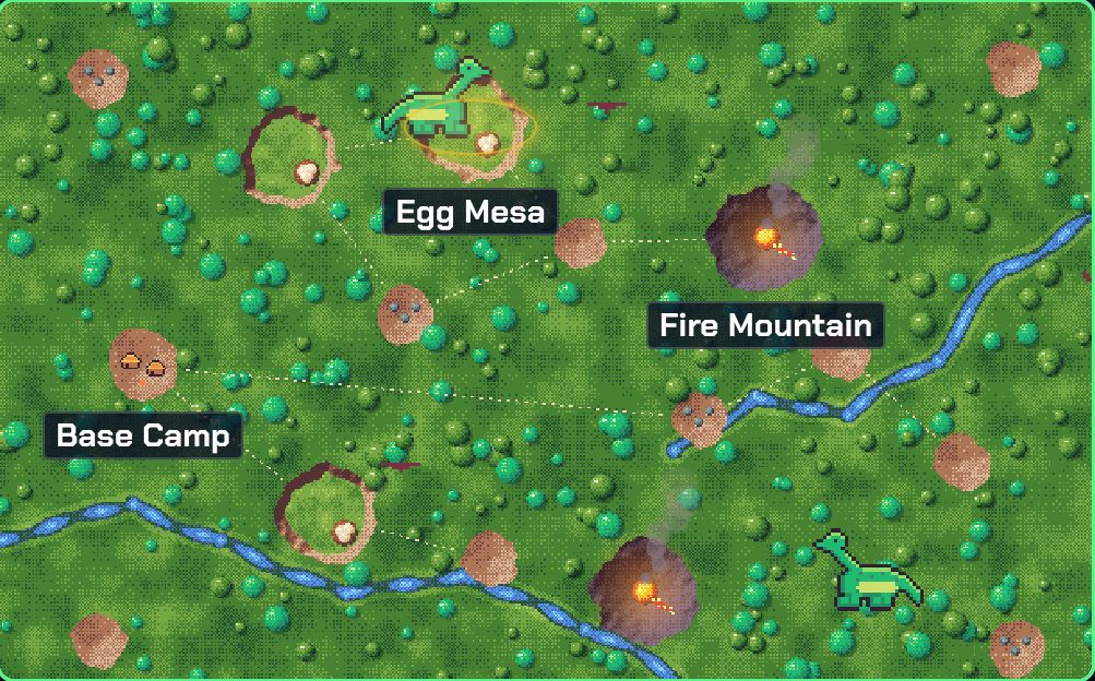 Concept art: the galaxy map redrawn as a dinosaur planet with Egg Mesa, Fire Mountain and Base Camp