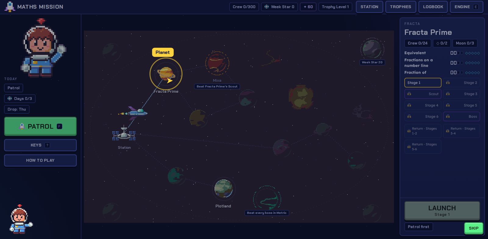 The Maths Mission galaxy map: his cadet, the ship, the Station and Fracta Prime, the first planet