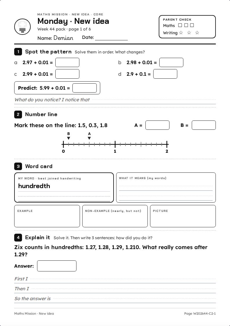 A printable Maths Mission page: spot the pattern, a number line, a word card and an explain-it question