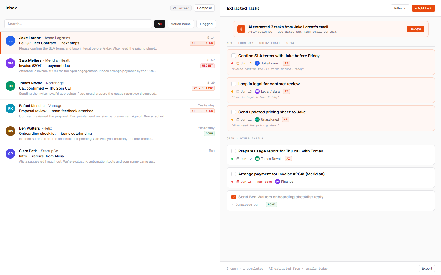 Inbox-to-tasks dashboard showing email parsing and task extraction
