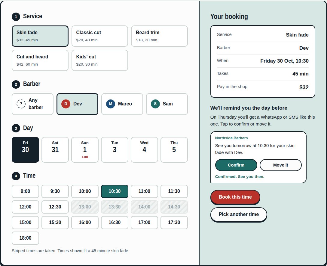The booking panel on the example website: a skin fade with Dev on Friday at 10:30, and the reminder message clients get the day before