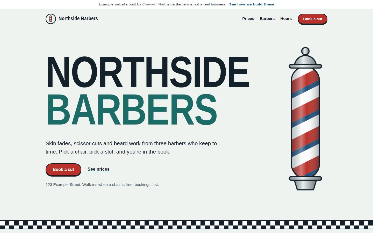 The home page of Northside Barbers, an example barber shop website we built, with services, prices and a Book a cut button