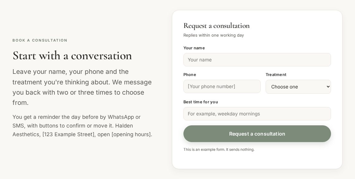 The consultation request form on the example website, with name, phone, treatment and best time