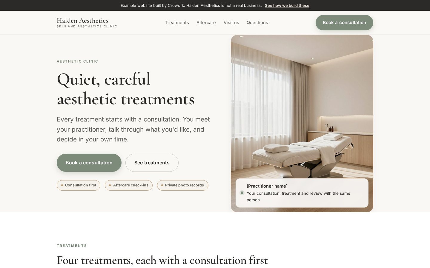 The home page of Halden Aesthetics, an example clinic website we built, with a treatment room photo and a Book a consultation button