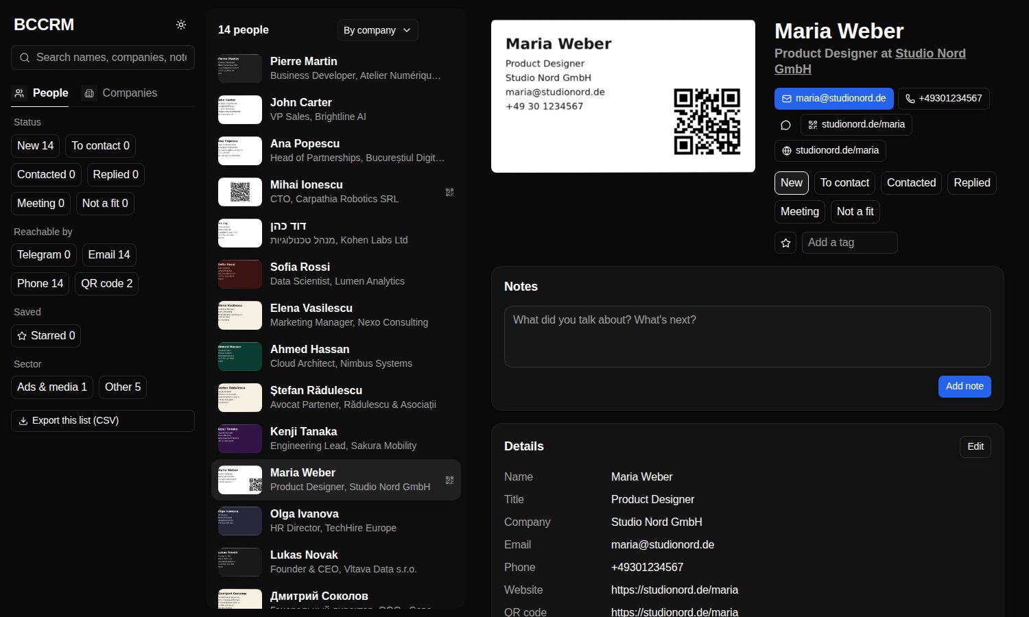 BCCRM's contact list in the dark theme, with demo cards