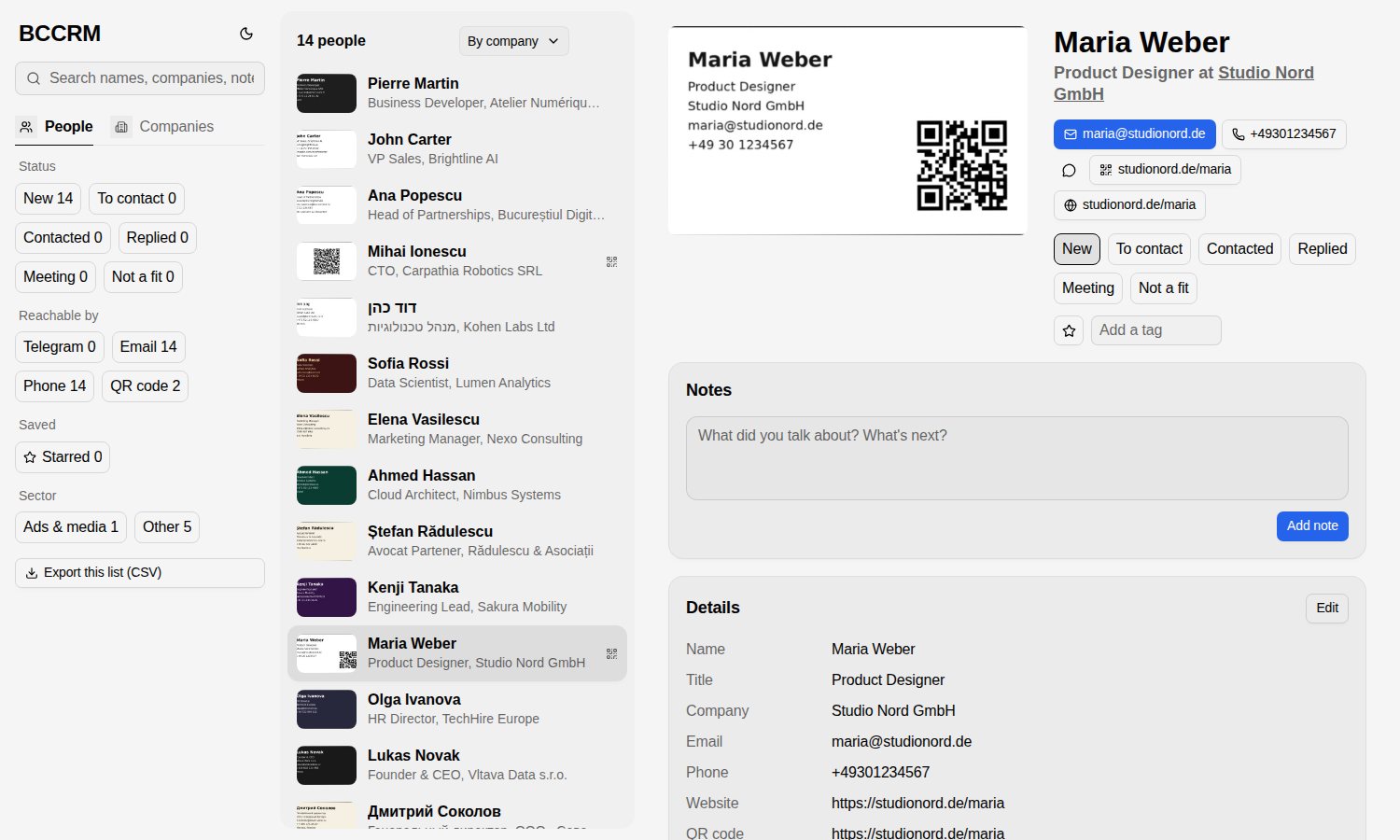 BCCRM's contact book, built from photos of business cards, with demo cards