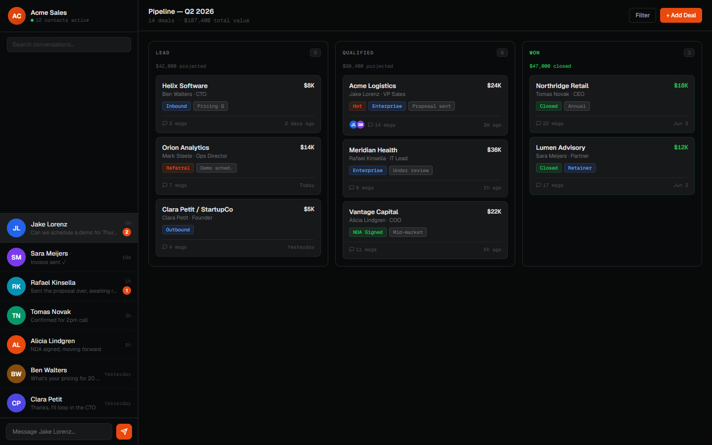 A deal pipeline beside the client chats it tracks, with demo data