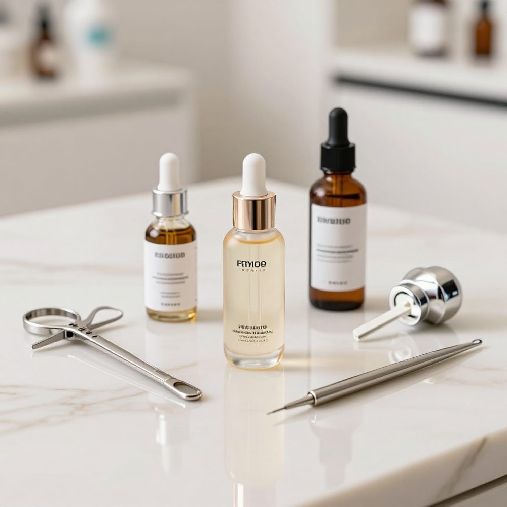 Small serum bottles and steel instruments on a marble counter