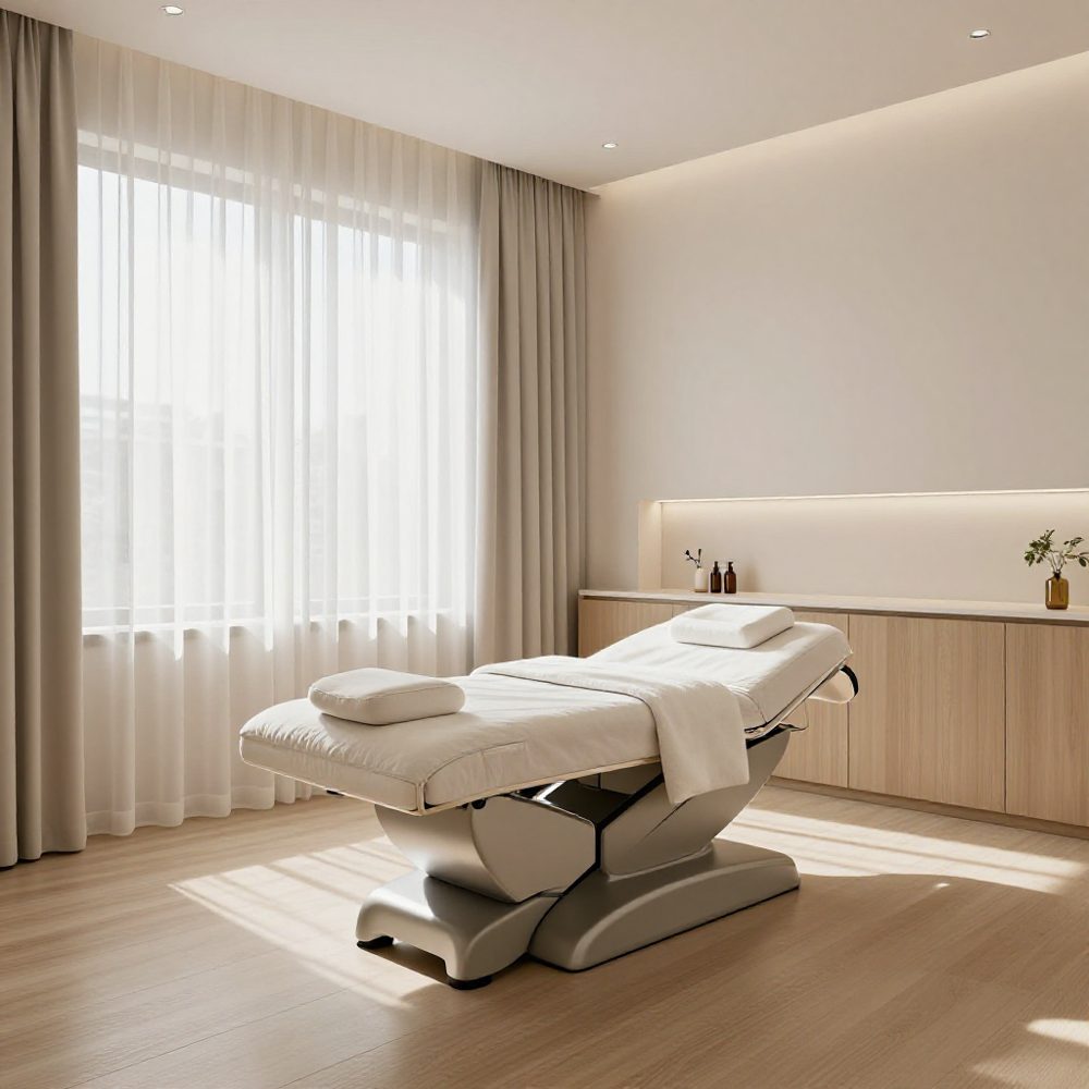 A calm treatment room with a treatment couch and soft daylight