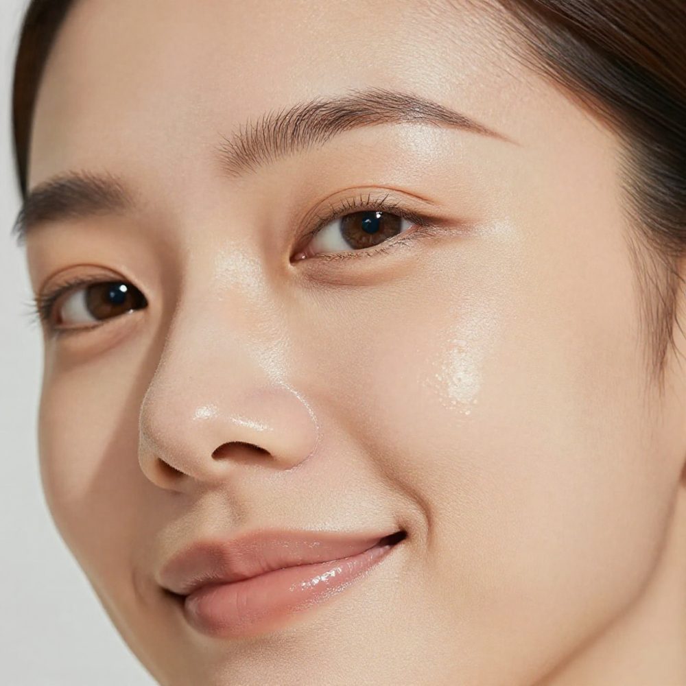 Close-up of a smiling face with smooth, glowing skin