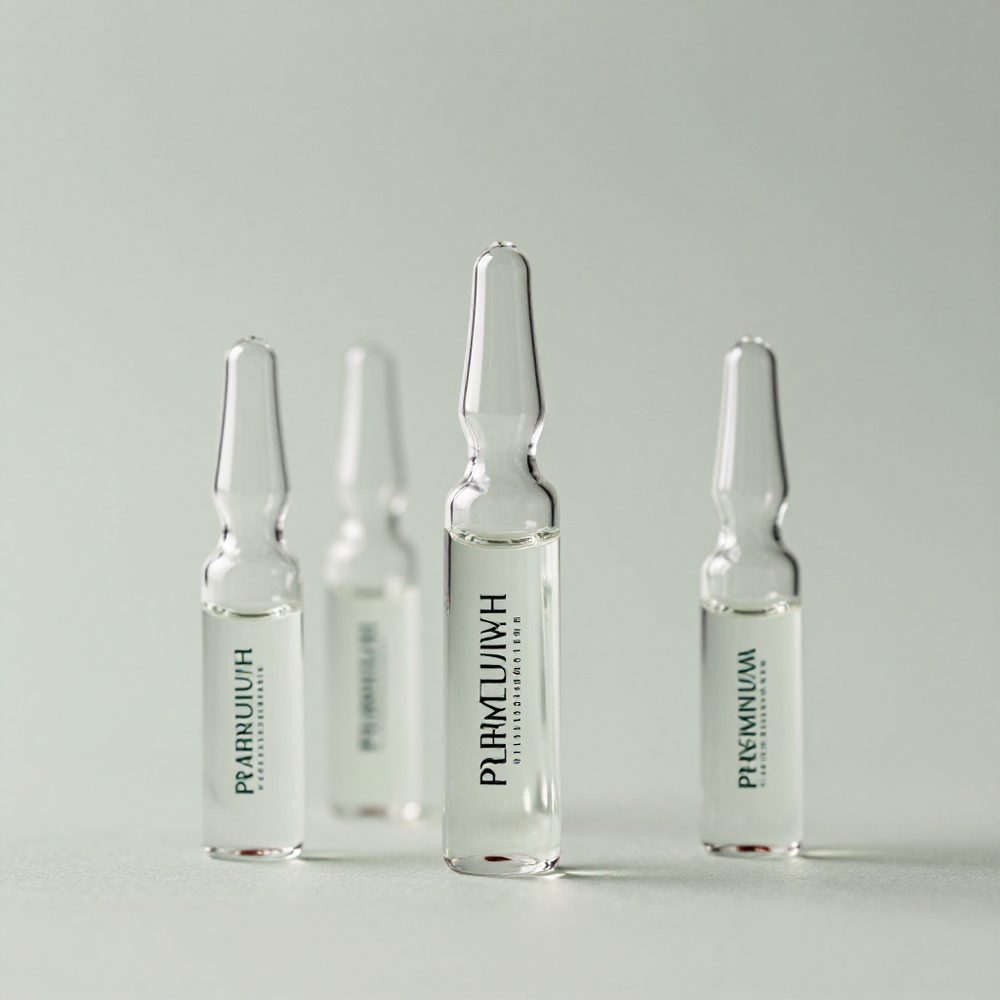 Glass ampoules standing on a pale grey surface