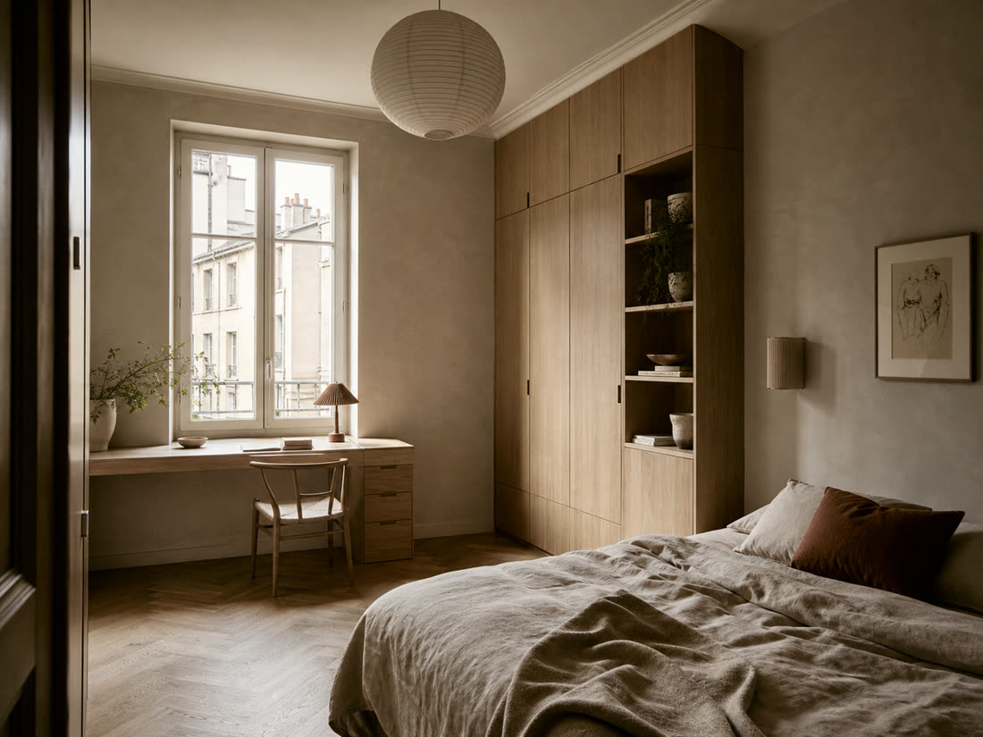 The finished bedroom, with the concealed storage redrawn into built-in oak, Rue Burdeau