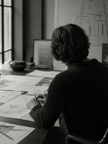 Claire at the drawing board, back to the camera, survey sheets spread