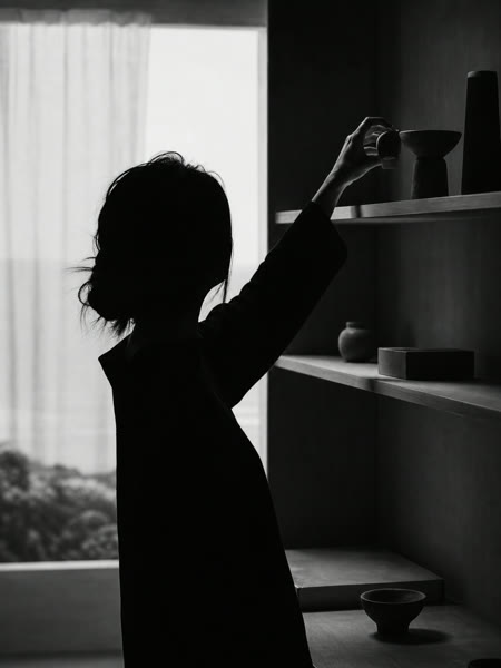 Anais Roche in silhouette, arranging pieces on the workshop shelves