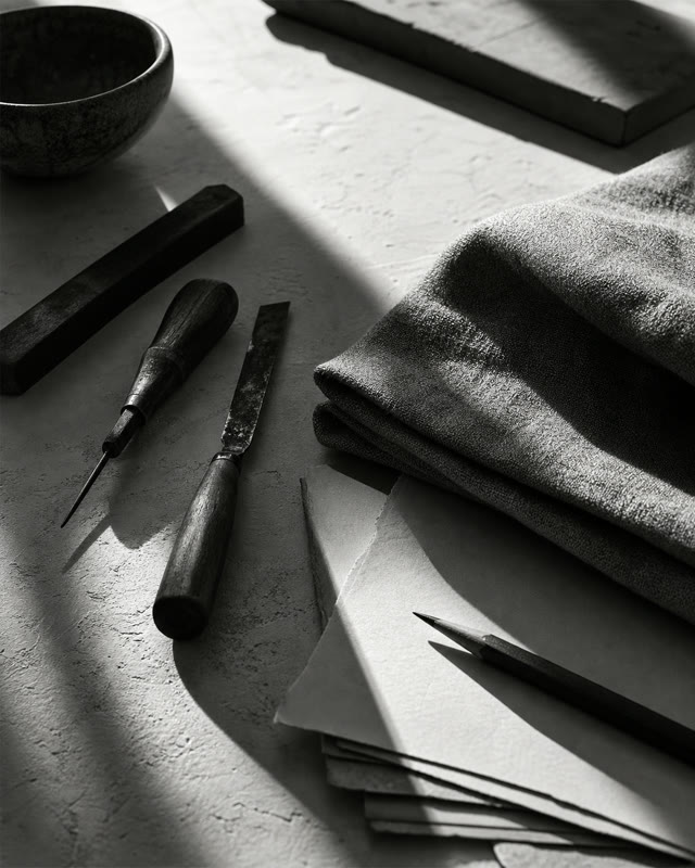 Knives, folded linen and paper on the studio worktable, in side light